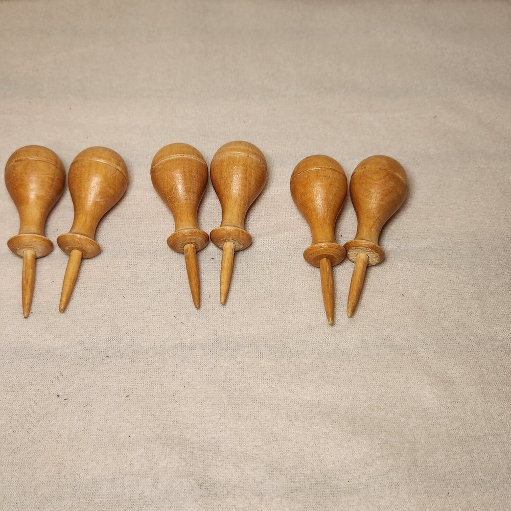 6 Vintage Smooth Turned Wooden Corn Cob Holders Cheese Wedge Holders 3 Pairs